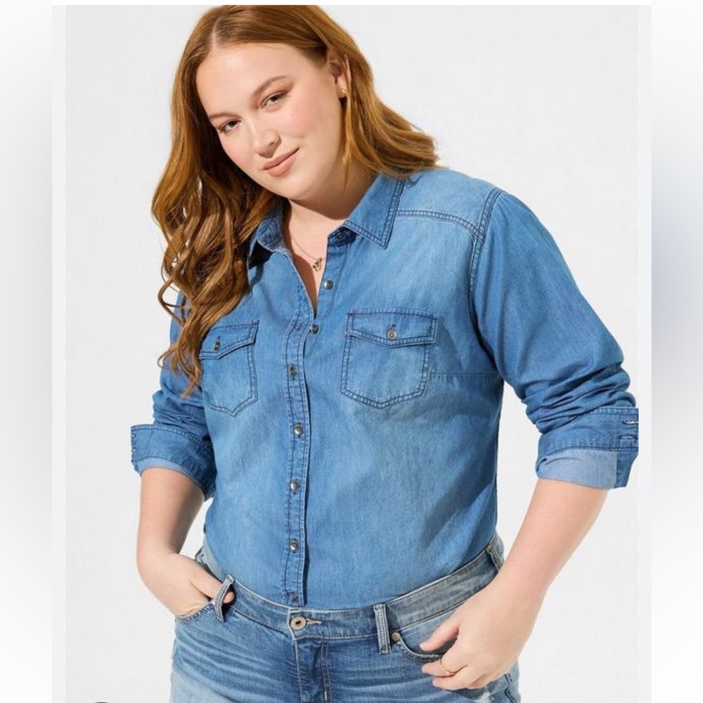 Torrid “Taylor” Medium Wash Denim Button-Down Chambray Shirt